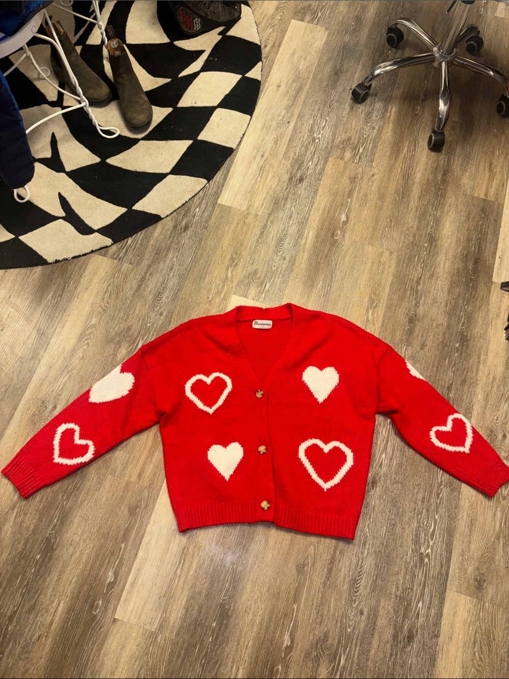 No Boundaries Red Cardigan with White Heart Motifs Sz large funky button down